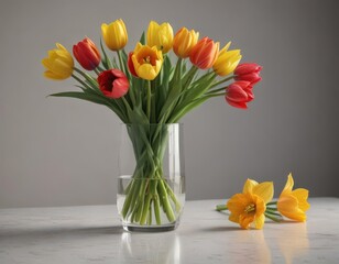Vibrant tulips & daffodils in a sleek glass vase, minimalist setting ,  sunlight,  living room