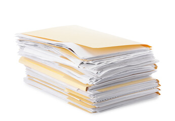 Stack of file folders with papers isolated on white