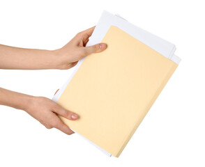 Woman holding paper file folder on white background, closeup