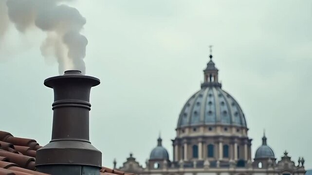 White Smoke from Chimney with St. Peter's Basilica in Background