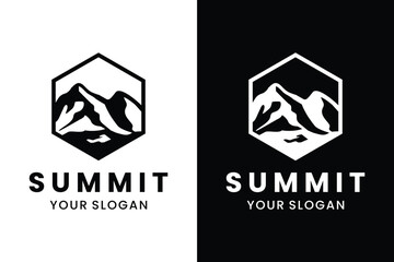 Mountain Peak Summit Hexagon Shape logo design. Outdoor Hiking Adventure Logo Design, Perfect for Outdoor Activities Logo