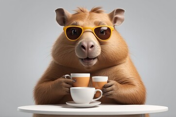 Cartoon capybara enjoying a coffee break