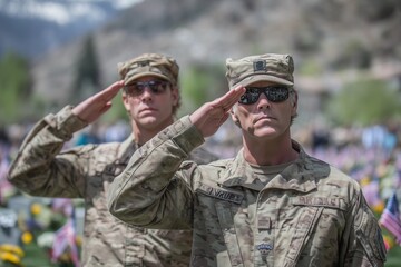 Fototapeta premium Soldiers salute near rows of American flags in a cemetery, as families place flowers on graves beneath a cloudy sky.