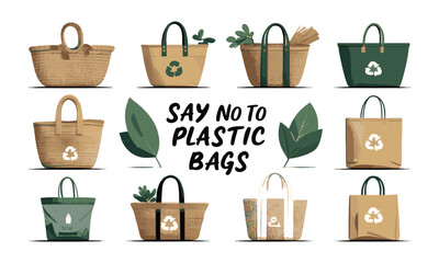 Modern vector illustration of various reusable shopping bags, easily scalable and editable.