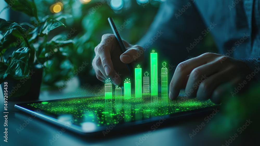 Poster Businessman using a tablet with a green hologram bar graph and net-zero emissions icons on office desk