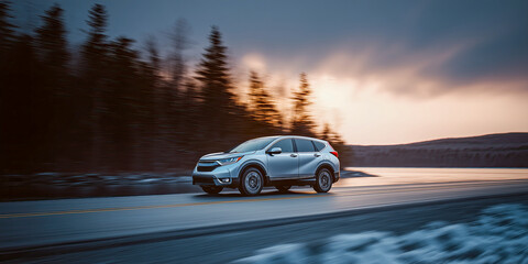 Car driving along the coast at sunset,