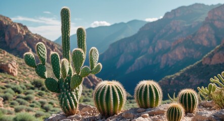 Desert landscape with cactus plants including tall cholla and round barrel cacti, mountains in the background, under a clear sky.