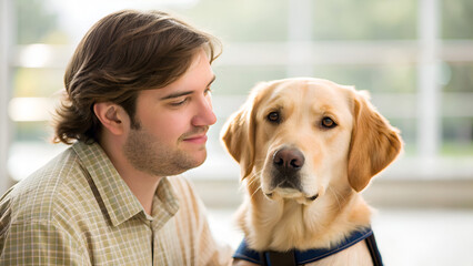 Autistic Adult Neurodivergent Sensory A man enjoys a heartfelt moment with his golden retriever in a bright, airy setting.