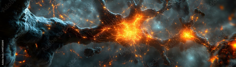 Poster digital illustration displays a complex network of glowing, fiery lines and structures within a dark
