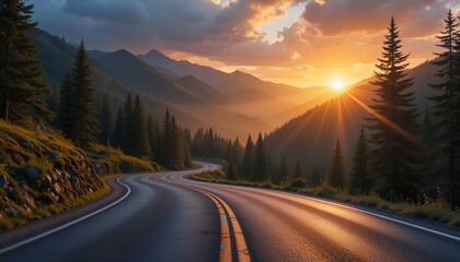 Winding mountain road with sunrise casting warm light over pine trees and peaks