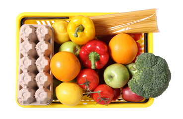 Plastic shopping basket full of products isolated on white, top view