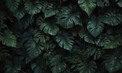 Dark, lush tropical leaves overlap, creating a textured, elegant pattern , vibrant, mystery