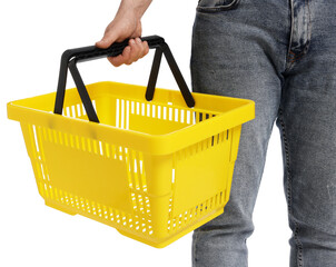 Man with empty shopping basket on white background, closeup