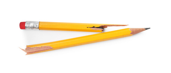 One broken graphite pencil on white background, top view