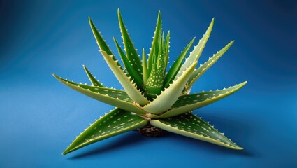 Fototapeta premium Aloe vera plant with spiky green leaves and white spots on a blue background.