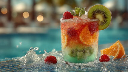 A bright and refreshing summer fruit drink in a glass goblet, garnished with mint, orange slices, kiwi, raspberries and ice, stands against the backdrop of a swimming pool..