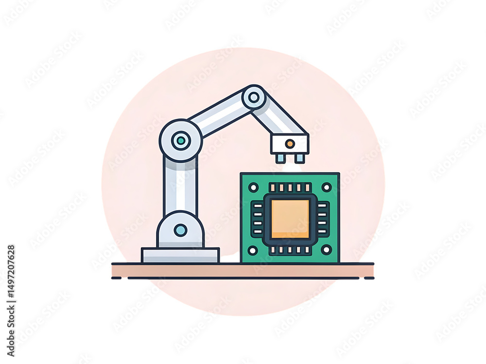 Poster robotic arm assembling microchip on transparent background