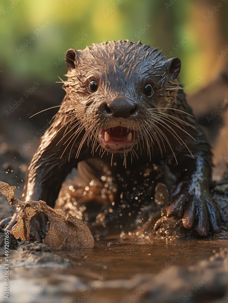 Poster close-up of a wet otter emerging from muddy water, displaying its teeth.