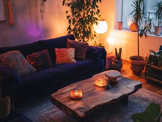 Cozy living room with velvet sofa, live edge coffee table, warm lighting, and plants.