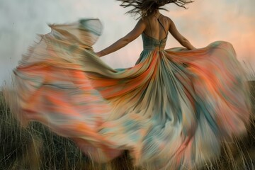 The model is slowly spinning in a maxi dress, orange and blue in delicate shades. A gentle gradient. Background of sunset