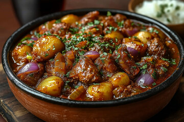 Nigerian nkwobi, spicy cow foot dish, served in a traditional clay pot, garnished with onions and fresh herbs, with a side of palm wine in a calabash, under soft natural light