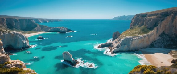 Coastal landscape with cliffs, turquoise water, white sandy beaches, and rocky formations. Nature and ocean scenery. Cliffside and beach view.