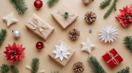 Christmas gifts, decorations, beige background, flat lay, for holiday card