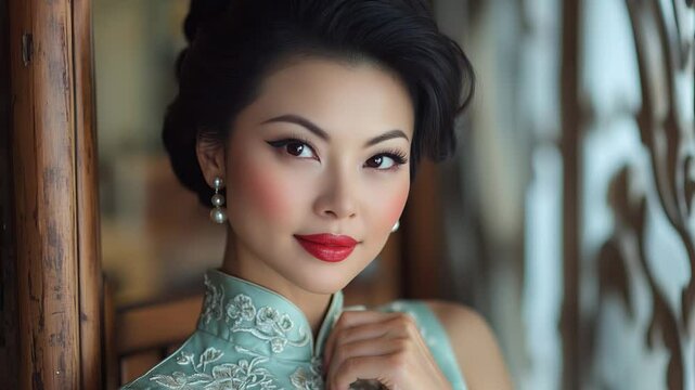 Elegant chinese woman wearing green cheongsam posing confidently beside antique wooden screen, highlighting cultural sophistication with vibrant red lipstick
