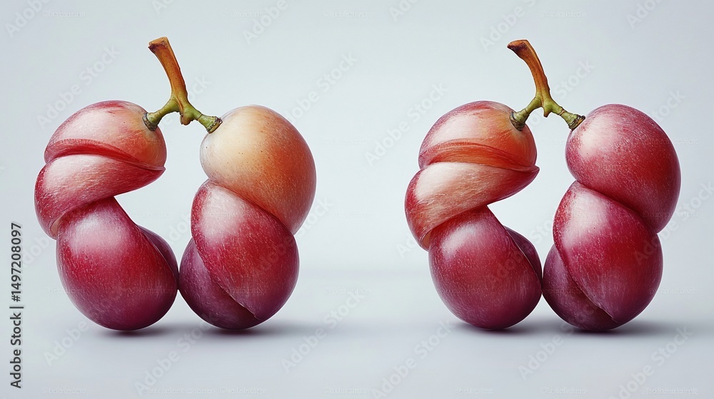 Poster two twisted bunches of red grapes on a light gray background.