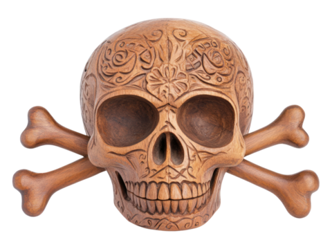 Wooden Skull Carving with Crossbones on Transparent Background