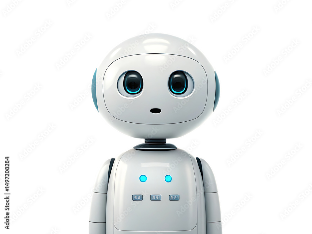 Poster friendly white robot character on transparent background
