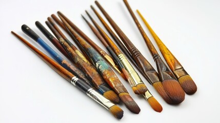 Fototapeta premium Collection of well-used paintbrushes with varying sizes and bristle shapes, displayed against a white background