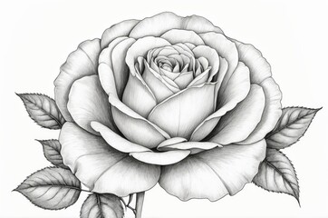 Detailed grayscale illustration of a rose.  A single rose, with intricate details of petals and leaves, rendered in a delicate line drawing technique
