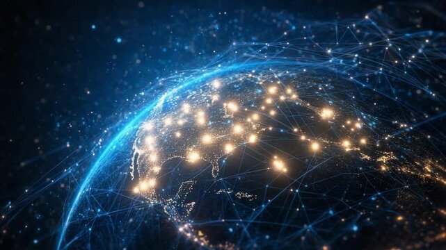Network Globe: An ethereal depiction of Earth, enveloped in a luminous network of interconnected lines and points, symbolizing the intricate web of global communication and technology.