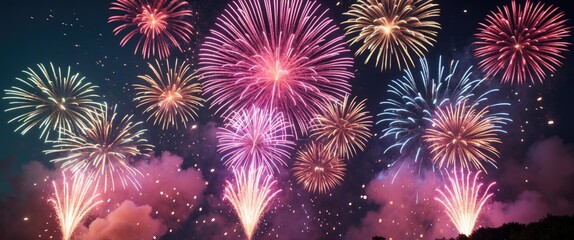 Fototapeta premium Colorful fireworks exploding in the night sky, creating a vibrant display of light and celebration. Fireworks and celebration, festive atmosphere. The display of fireworks in the sky.