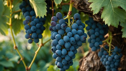 Clusters of ripe blue grapes hanging from a vine with green leaves and a rough textured trunk.