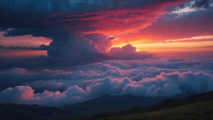 Obraz premium Colorful sunset over clouds and mountains with dramatic sky and vibrant hues.