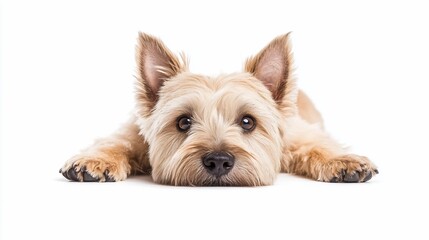 Cute Cairn Terrier dog lying down on white background.
