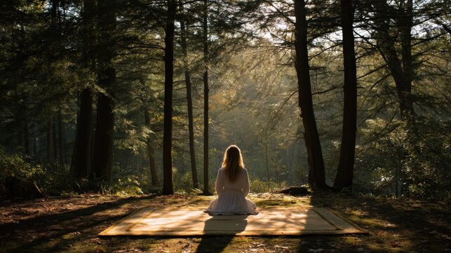 Meditative stillness and inner peace radiate from woman kneeling in seiza on forest mat..