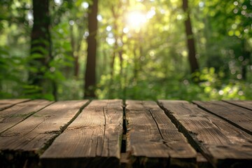 Fototapeta premium view of an empty wooden table is set against soft, blurred background of vibrant greenery sunlight, peaceful natural setting creates serene atmosphere, ideal for relaxing outdoor