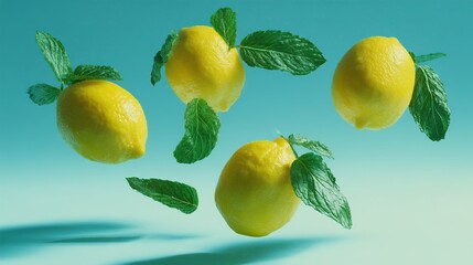 Symmetrical composition of fresh lemons and mint leaves floating in mid-air, backlit by natural light, high saturation, cinematic food photography style