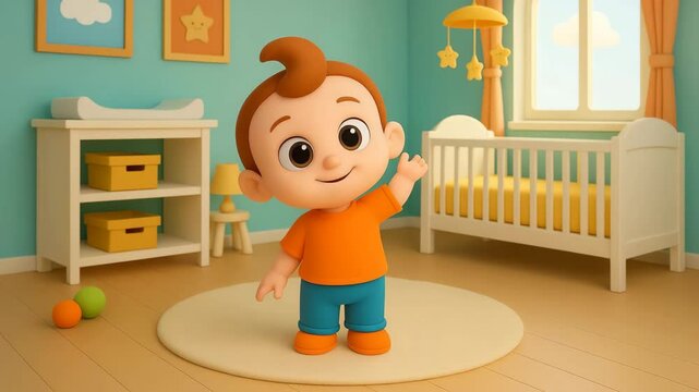 A cute 3D character against a nursery theme background. Storytelling concept