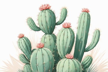 Fototapeta premium Lush cluster of desert cacti with delicate pink blossoms. A vibrant display of nature's resilient beauty