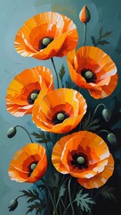 A close-up view of bright orange poppies with delicate petals and green buds, set against a softly blurred blue background.