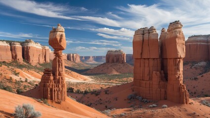 Sedimentary rock formations in a desert landscape with layered cliffs and pillars under a partly cloudy sky.