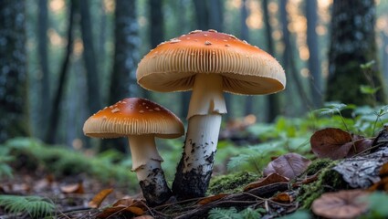 Fototapeta premium Two mushrooms growing in a forest setting with trees and leaves.