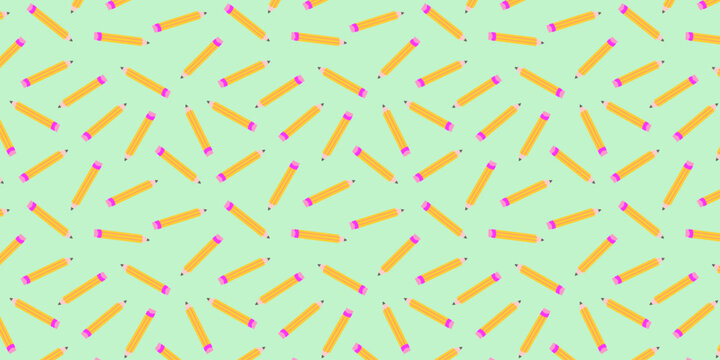 Seamless pattern with cartoon-style yellow pencils. Pink erasers and silver bands in playful repeating design.