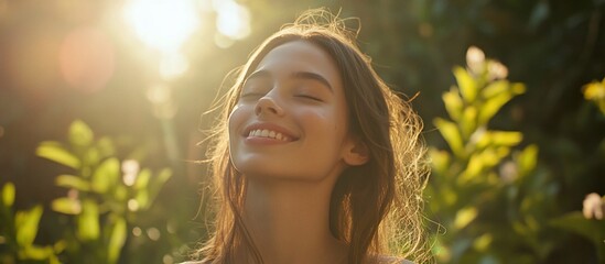 Happy woman enjoying sunlight in a lush green garden, eyes closed, smiling.
