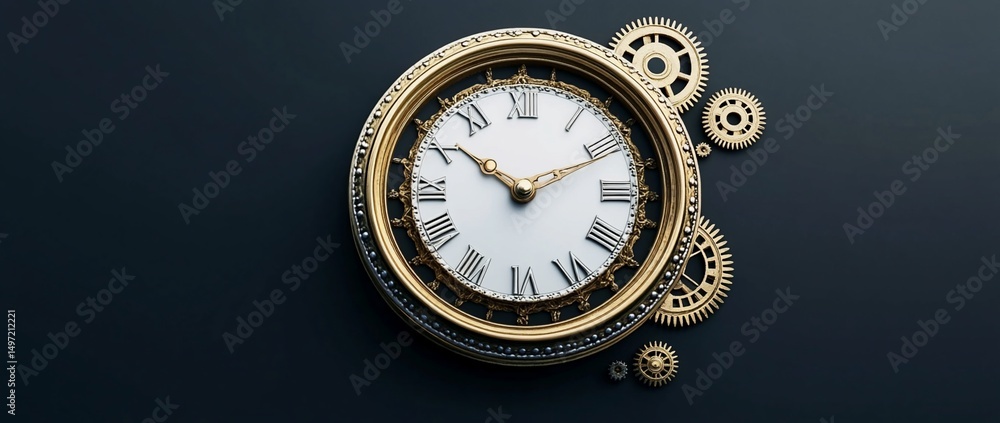 Poster elegant gold clock with intricate gears on dark background.