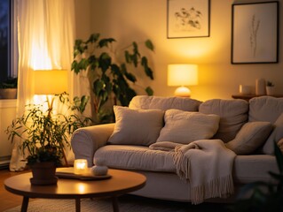 Cozy living room at night with warm lighting, comfortable sofa, plants, and candles.